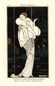 Kvinde i fløjlskape, damaskkjole og lyserøde hjemmesko. af Georges Barbier