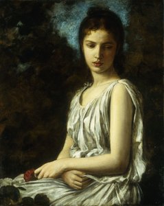 En ung kvinde i klassisk kjole, der holder en rød rose af Georges Bellanger