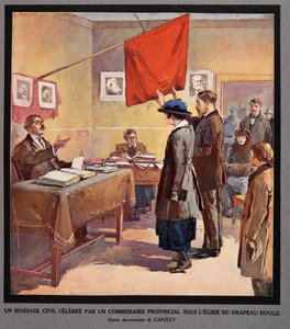 Et borgerligt ægteskab foretaget af en provinskommissær under det røde flag, fra Histoire des Soviets, pub. 1922 (farvelitografi)
