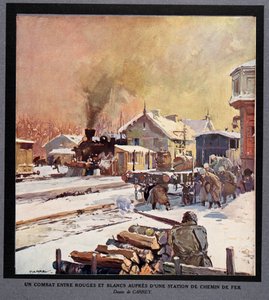 En kamp mellem den røde og den hvide garde på en jernbanestation, fra Histoire des Soviets, pub. 1922 (farvelitografi) af Georges Carrey