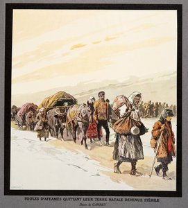 Udvandring af sultne mennesker fra deres hjemland, fra Histoire des Soviets, pub. 1922 (farvelitografi)