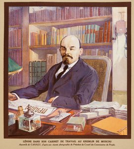 Lenin på sit kontor i Kreml i Moskva, fra Histoire des Soviets, pub. 1922 (farvelitografi)