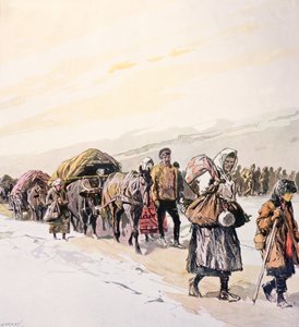 Sultende folkemængder forlader deres hjemland, ca. 1924 (farvelitografi)