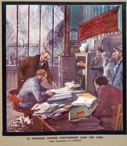 Arbejderkontrol i en sovjetisk fabrik på revolutionstidspunktet i 1917, fra Histoire des Soviets, pub. 1922 (farvelitografi)