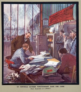 Arbejderkontrol i en sovjetisk fabrik på revolutionstidspunktet i 1917, fra Histoire des Soviets, pub. 1922 (farvelitografi)
