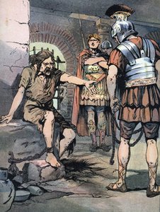 Gallien-krigen: "" Den galliske kriger Vercingetorix fange i Jules Cesars romerske våben i fængslerne i Tullianum, 46 f.Kr." (Galliske krige: Vercingetorix-fange i Mamertine-fængslet i Rom efter hans nederlag mod Julius Cæsar, 46 f.Kr.) Illustration af af Georges Conrad