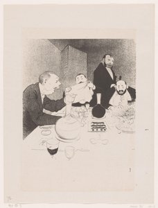 Mannen aan tafel under en diner Han er dekoreret og hans venner tilbyder ham en banket (original titel) Naturens store skuespil; livet af Mr. Any (original serietitel)