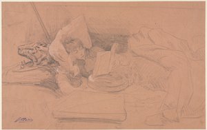 Sarah Bernhardt tilbagelænet på en divan, læser af Georges Jules Victor Clairin