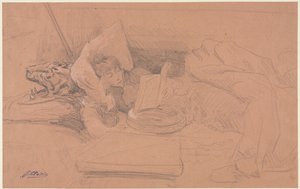 Sarah Bernhardt tilbagelænet på en divan, læser, ca. 1885-1890. af Georges Jules Victor Clairin