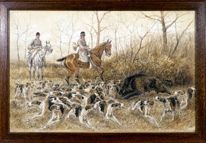 Flok hunde omkring et vildsvin på jagt - tegning af Georges La Roque, omkring 1900 af Georges La Roque