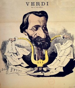 Tegnefilm af komponisten Giuseppe Verdi (1813-1901) af Pilotell (1845-1918) marts 1869. Nationale Musikkonservatorium, Paris