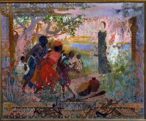 Akademisk kunst eller brandmand: "The conquet of Africa"" Allegori om kolonialisme, der repræsenterer en ung hvid kvinde, der højtideligt rykker frem mod skræmte afrikanske familier. Maleri af Georges Antoine Rochegrosse (1859-1938) 1900 Paris, Musée du Lu af Georges Marie Rochegrosse