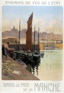 Les bains de mer de la Manche (Udsigt over havnen i Granville) - Plakat af statsbanerne, af Meunier af Georges Meunier