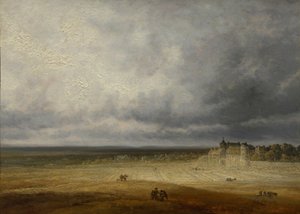 Landskab med pløjemark og landsby, formentlig efter 1827.