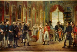 Napoleon I (1769-1821) modtog i Saint-Cloud Senatus-Consulte, som udråbte ham til kejser af franskmændene den 18/05/1804 (bag kejserinden Josephine står hans datter Hortense og hendes svigerinde Marie-Annonciade, Caroline Bonaparte (1782-1839)). Je