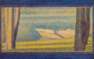 Fortøjede både og træer af Georges Seurat