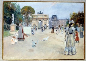 Udsigt over Tuileriehaven i Paris Haven var et af de parisiske steder for gåture af elegante. Gouache af Georges Stein (1870-?) 1900-tallets DR privatsamling