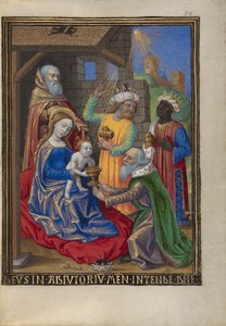 Magiernes tilbedelse fra en timebog Frk. 48 fol. 59, ca. 1480-90 (tempera, bladguld og blæk på pergament)