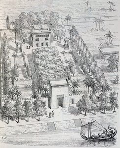 Udsigt over egyptisk villa langs Nilen, rekonstruktion af Chipiez, fra kunsthistorie i antikken (Egypten, Assyrien, Persien, Lilleasien, Grækenland, Etrurien, Rom) af Georges and Chipiez Charles Perrot