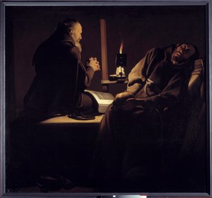 Ekstasen af Saint Francois også kaldet en munk i bøn nær en døende munk eller de to munke. Maleri (Vanite) af Georges de La Tour (1593-1652) af Georges de la (after) Tour