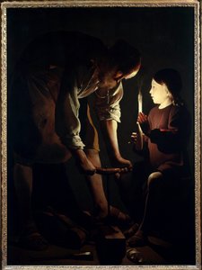 Sankt Joseph tømrer Jesus barn holder et lys for at tænde sin far Joseph på arbejde. Maleri af Georges de La Tour (1593-1652) 1640 søn. 1,07 X 1,02 m Paris. Louvre-museet