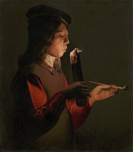 En ung dreng med en pibe, der blæser på en ildsjæl, af La Tour, Georges, de (1583-1652). olie på lærred af Georges de La Tour