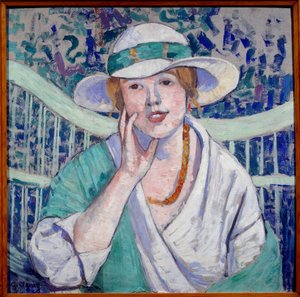Portræt af dame med hvid og grøn hat, maleri af Georgette Agutte (1867-1922) 1914 Grenoble, Musee des Beaux Arts af Georgette Agutte