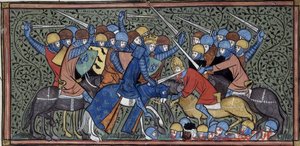 Charles Martel besejrer Eudo og saracenerne, Grandes chroniques de France, Royal 16 G.VI, f.117v, ca. 1332-1350 (22727638241) af Georgia Levan Ramishvili from Tbilisi