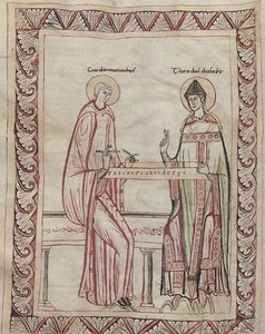 Guido af Arezzo og biskop Tedald arbejder på monokord, miniature fra det 11. århundrede (21954743795)