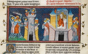Hunnerne plyndrer Orleans, Agnans bøn, fra Chroniques de France ou de St Denis, 14. århundrede (22716441545) af Georgia Levan Ramishvili from Tbilisi