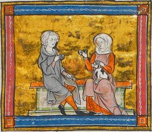 Lancelot i samtale med en dame, der holder en lille sort og hvid hund, fra Morte Artu, ca. 1315-1325 (41067329535) af Georgia Levan Ramishvili from Tbilisi