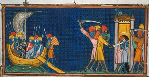 Louis IX går i land ved Tunis, og franskmændene bliver afskåret af saracenerne i tårnet, fra Chroniques de France ou de St Denis, 14. århundrede (22528512660)