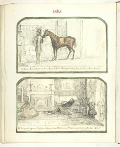 Uden titel [mand med hest og par slapper af ved bålet], 1868.