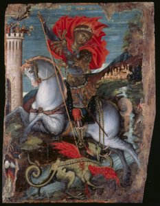 Ikon for St. George på hesteryg, der dræber dragen (ægtempera på panel) af Georgios Klontzas