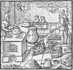 Kaiverrus De re metallicasta (Metallien luonnosta), Georg Pawer tai Georgius Agricola (1494-1555), julkaistu Baselissa af Georgius Agricola