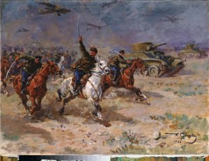 Angreb (Den Røde Hærs tanks og kavaleri under oktoberrevolutionen) - Angreb - Maleri af George (Georgy, Georgi) Konstantinovich Savitsky (1887-1949), olie på lærred