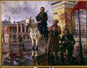 Russisk revolution i oktober 1917: ""de første dage af oktober"" (De første dage af oktober). Erobringen af ​​Vinterpaladset i Sankt Petersborg den 25. oktober 1917, et angreb ledet af de røde garder og bolsjevikkerne. Maleri af George (Georgy, Georgi)