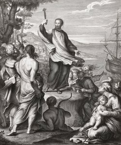 Sankt Frans Xavier prædiker. (Print) af Gerard (after) Edelinck