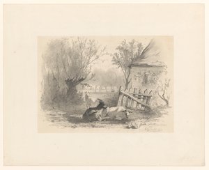 To geder og et får ved et hegn foran et hus