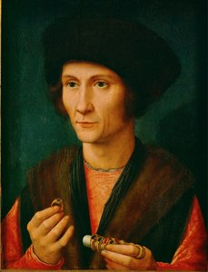 En guldsmed, måske Jacques Cnoop, svigerfar til Gerard David ... (olie på egetræ) af Gerard David