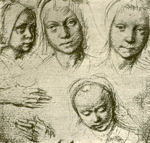 Fire hoveder af en ung pige og to hænder, c1500-1505, 1908. af Gerard David