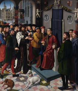 The Judgment of Cambyses (den persiske kong Cambyses II (død 522 f.Kr.) fordømmer dommer Sisamnes til at blive flået i live, for at have afsagt en dom i bytte for penge) - The Judgment of Cambyses (venstre panel) - Maleri af Gerard David (ca. 1460- 1523) -