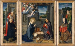 Fødselen med donorer og hellige Jerome og Leonard, ca. 1510-15. af Gerard David