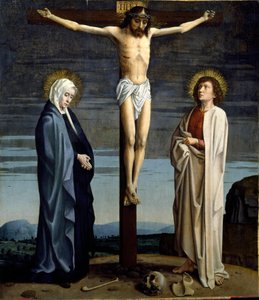 Korsfæstelsen. Indskriften "" INRI"" (I.N.R.I.) på korset. Maleri af Gerard David (1460-1523)