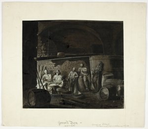 Vinkælder med mænd, der spiller kort af Gerrit Dou