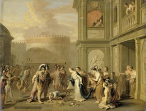 Dronning Cleophis tilbyder vin til Alexander den Store efter hans erobring af Mazaka af Gerard Hoet (I)