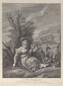 En landkvinde siddende i landskab med to drenge ved sin side, 1729-40. af Gerard Jean Baptiste Scotin