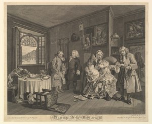 Ægteskab A-la-Mode, Tavle VI, 1. april 1745. af Gerard Jean Baptiste Scotin