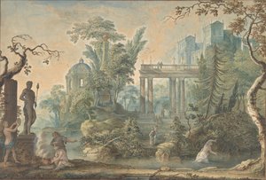 Arkadisk landskab med flere figurer og en statue af Apollo, 1700-tallet.