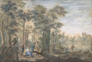 Arkadisk landskab med flere figurer og en statue af Diana, 1700-tallet.
